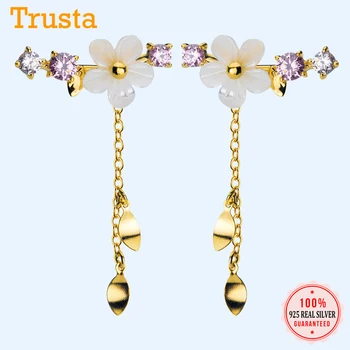 

Trustdavis 100% 925 Sterling Silver Earrings Women Gold Jewelry Fashion Purple Stones White Natural Shell Flower Stud DS1439