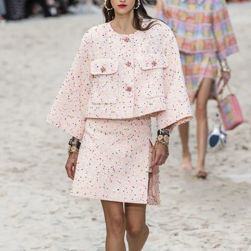 Very best  Runway Pink Tweed Coat 2019 Fashion Autumn Round Neck Single Breasted Pockets Cropped Top Jacket An