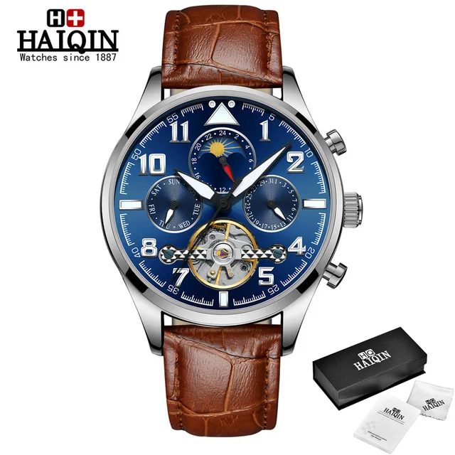 HAIQIN, фаза Луны/дисплей недели/Tourbillon, механические часы, мужские, повседневные, деловые, модные, из нержавеющей стали, мужские часы, Rloj Hombre - Цвет: Silver Blue-BL