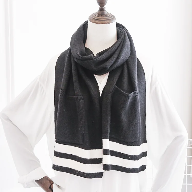 Серый Карманный палантин шарф для женщин хаки черный бежевый кашемировый акриловый вязаный зимний шарф вязаный теплый женский аксессуар - Цвет: Черный