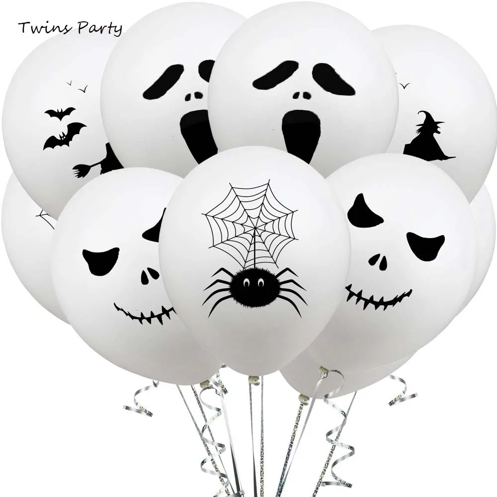 

Twins 10Pcs 12inch Halloween White Black Latex Balloons Horror Witch Spider Air Globos Ghost Theme Birthday Party Decoration Kids