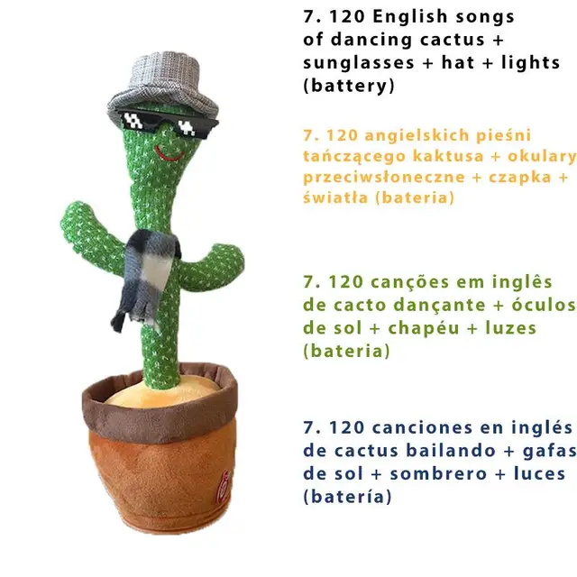 USB Charging Dancing Cactus Music Box Electronic Singing Plush Toy Cartoon Potted Holiday Decoration Gift Ornament For Home Model 7