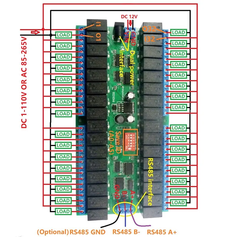 R421C32 DC12V 32 канала Modbus RTU RS485 автобус Релейный Модуль UART последовательный порт плата для PLC светодиодный замок домашней автоматизации