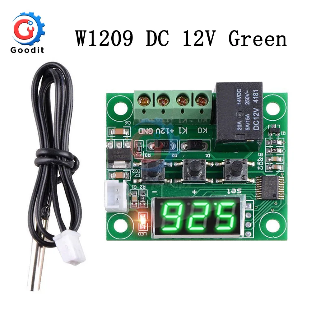 Green 12V DC 12 В W1209WK W1209 Цифровой термостат регулятор температуры Регулятор терморегулятор инкубатор NTC датчик метр чехол - Цвет: Green 12V