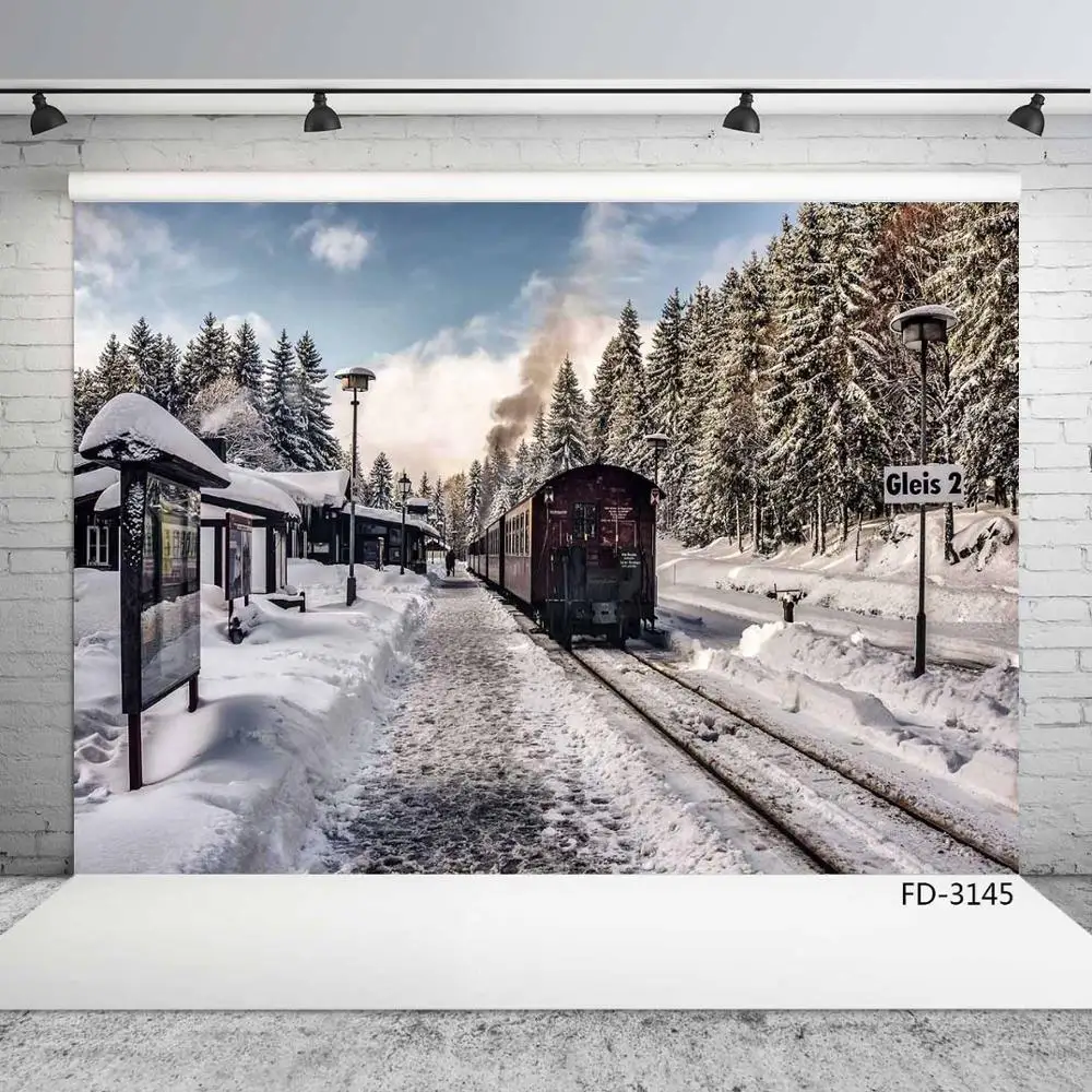 Winter Snow Railway Station Train View Photocall Background Vinyl Baby Child Photography Photo Studio Props Scenery Backdrops |