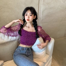 

Crop Top Slim Mesh Lace Women Blouses Fashion Brand Ladies Polka Dot Long Sleeve Summer Style Perspective Shirts Korean Clothes