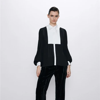 

2020 ZA New Color Block Chiffon Blouse Polo Shirt Women Lapel Long Sleeve Lantern Sleeve Fashion Wild Top Patchwork Statement