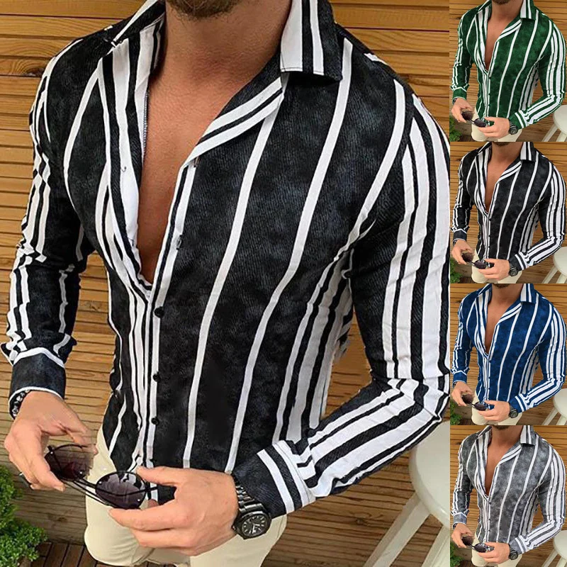 

2020 fashion stripped shirt men new brand long sleeve casual dress shirts for men slim fit tops