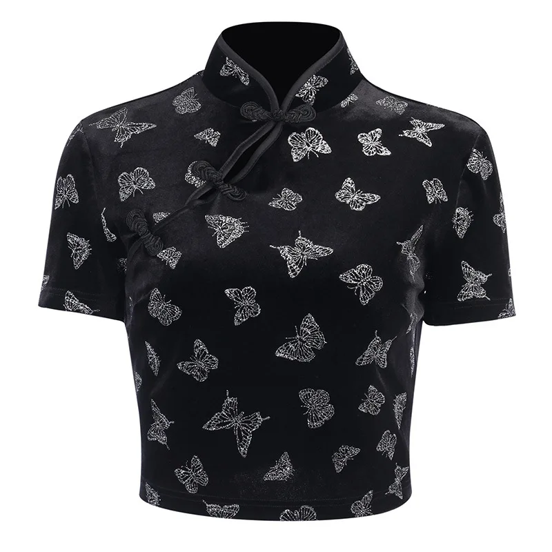 

European and American 2020 Improved Version of Chinese Style Butterfly Printing Summer Short-Sleeved Female INS National Style