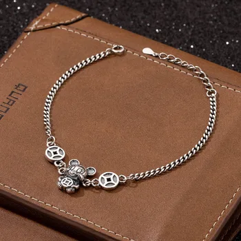

S925 Sterling Silver Bracelet Female Retro Fashion Cool Whip Chain Adjustable Zodiac Year Rat Hand Jewelry