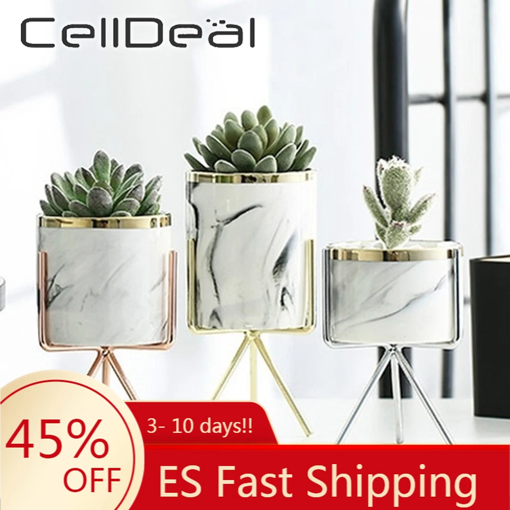 

CellDeal Useful Art Vase Nordic Ceramic Iron Marble Pattern Rose Gold Silver Tabletop Green Home Vases Decorative Planter Pot