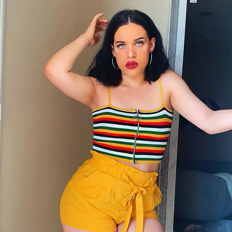IAMHOTTY Rainbow Striped Zipper Women Tank Top Backless Sleeveless Sexy Tank Top Bodycon Sweet Korean Style Spaghetti Strap Top