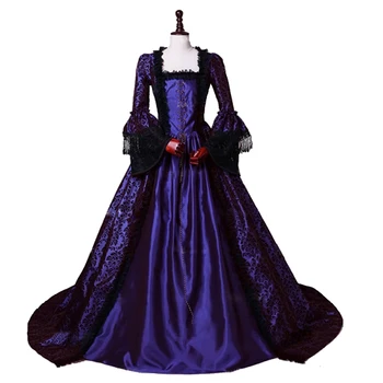 

2019 Vintage Black Blue Purple Masquerade Club Party Dress Floral Print Brocade Medieval Ball Gowns Theater Costumes