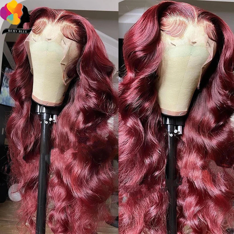 Frente do Laço Peruca de Cabelo Onda do Corpo Remyblue Borgonha Humano Peruca Pré Arrancado Laço Vermelho Frente Cabelo Remy Brasileiro 180% 99j 5 Apliques com cabelo humano