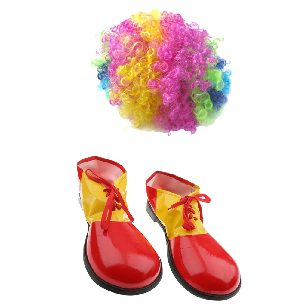 

Colorful Rainbow Clown Curly Wig Jester Costume Clown Unisex Adults Shoe Covers Dress up Holiday Props