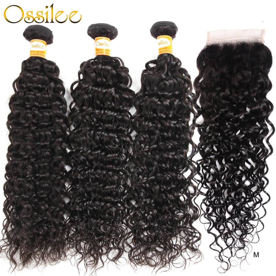 

Water Wave Bundles with Closure Malaysian Curly Hair Bundles Human Hair 3/4 Bundles with Closure Ossilee Remy Hair Middle Ratio