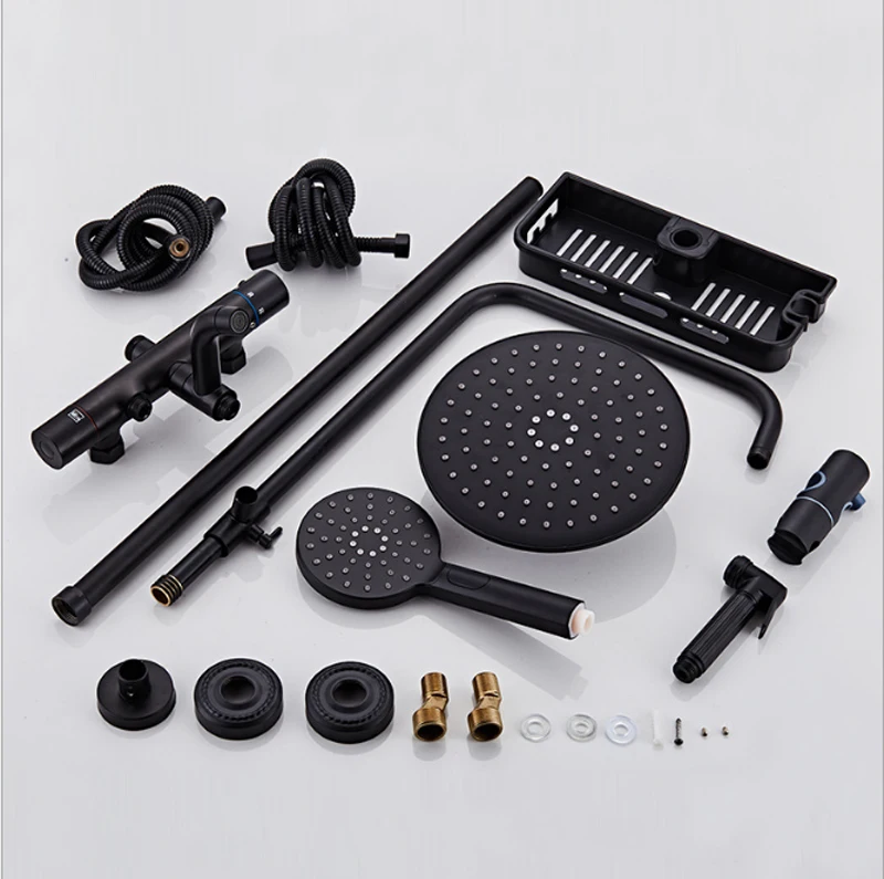 Black Shower Faucets Bathtub Thermostatic cold hot temperature faucets shower system big overhead with bidets shelf