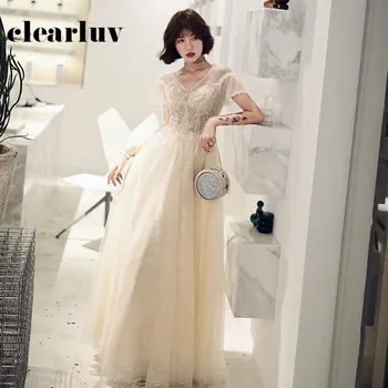 

Lace Up Party Dresses DR378 Shiny Beading Vestido De Fiesta Champagne A-Line Evening Dress V-Neck Short Sleeve Elegant Gowns