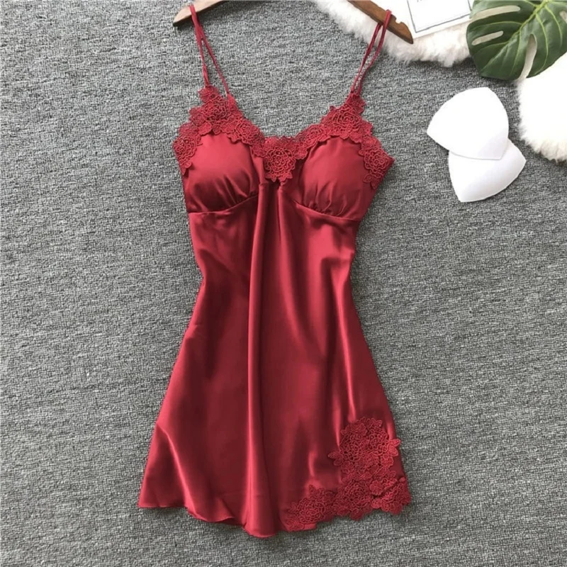 Women's Sexy Lingerie Silk Nightgown Summer Dress Lace Night Dress Sleepwear Babydoll Nightie Satin Homewear Chest Pad Nightwear women lingerie,women lingerie set,women nightgowns,women nightdresses,sleeping dress