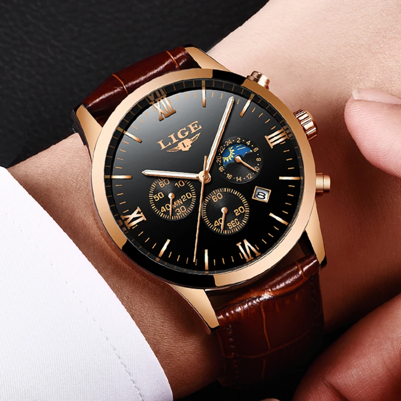Мужские деловые часы Reloj de hombre LIGE модные кожаные светящиеся многофункциональные