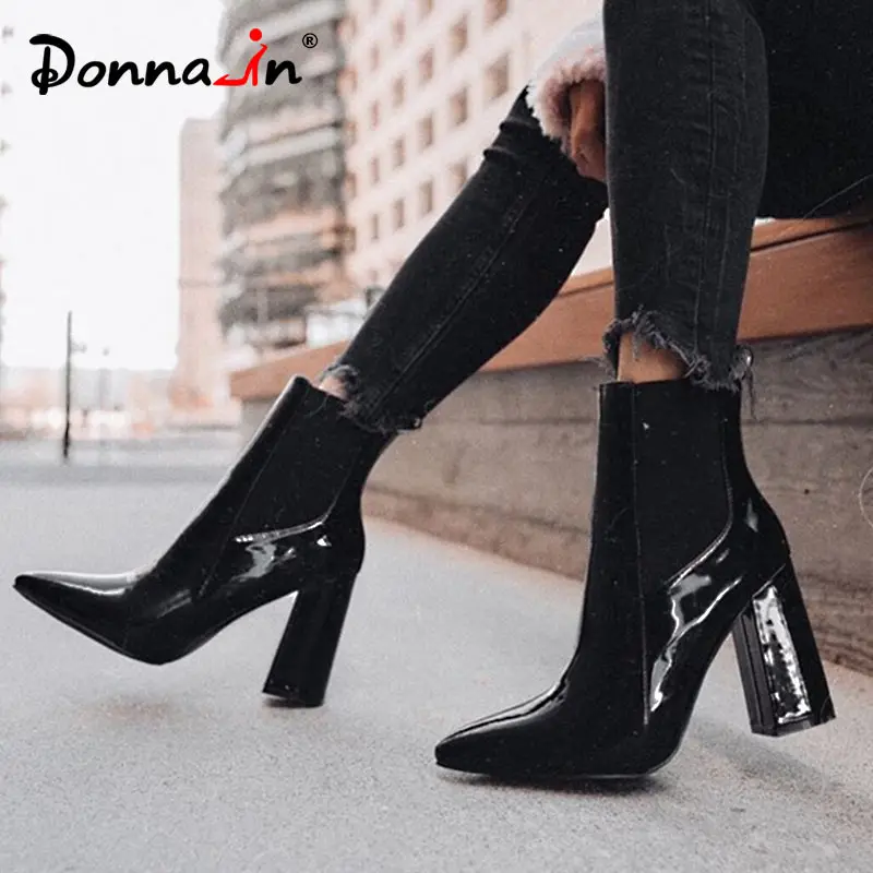 

Donnain Fashion Patent leather Ankle Boots Women Sexy Chunky Heeled Plush Shoe Woman Chic Shoes Lady Black Chelsea boots 11.5 CM