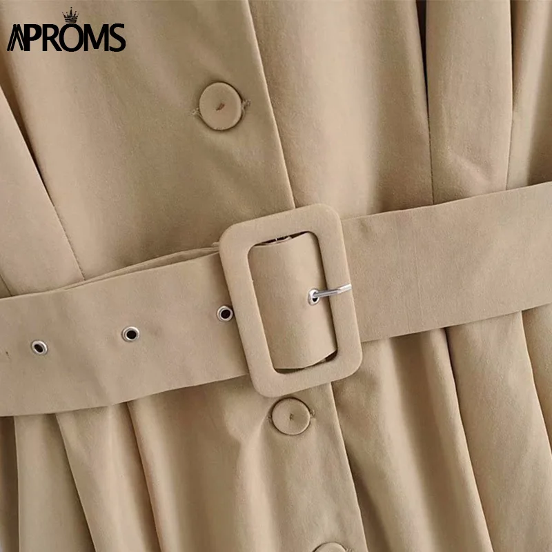 Aproms, элегантное платье-рубашка с высокой талией, офисное женское платье, Осень-зима, женское мини-платье с v-образным вырезом и карманами цвета хаки, Vestidos