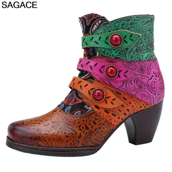 

SAGACE Boots Ankle Boots For Women Hand-Stitched Pirate Buckle Matching Shoe Bota Lady Zipper High Heel Booties zapatos de mujer
