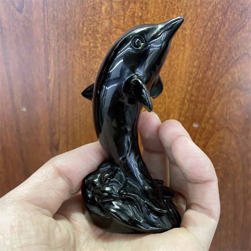 Natural preto obsidian cristal mão escultura golfinho