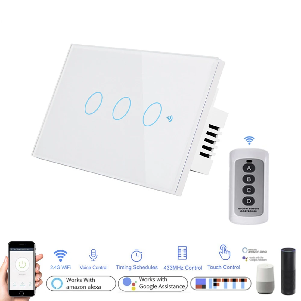 Умный сенсорный выключатель с Wi-Fi 1 клавиша 2 клавиши 3 RF433 емкостный голосовое