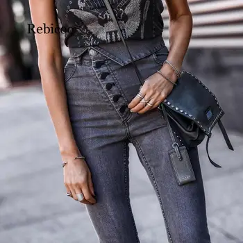 

High Waist Jeans 2019 Unique Mom Jeans Gray Fashion 7/8 Jeans Woman Summer Casual Street Wear Trousers Women XL New