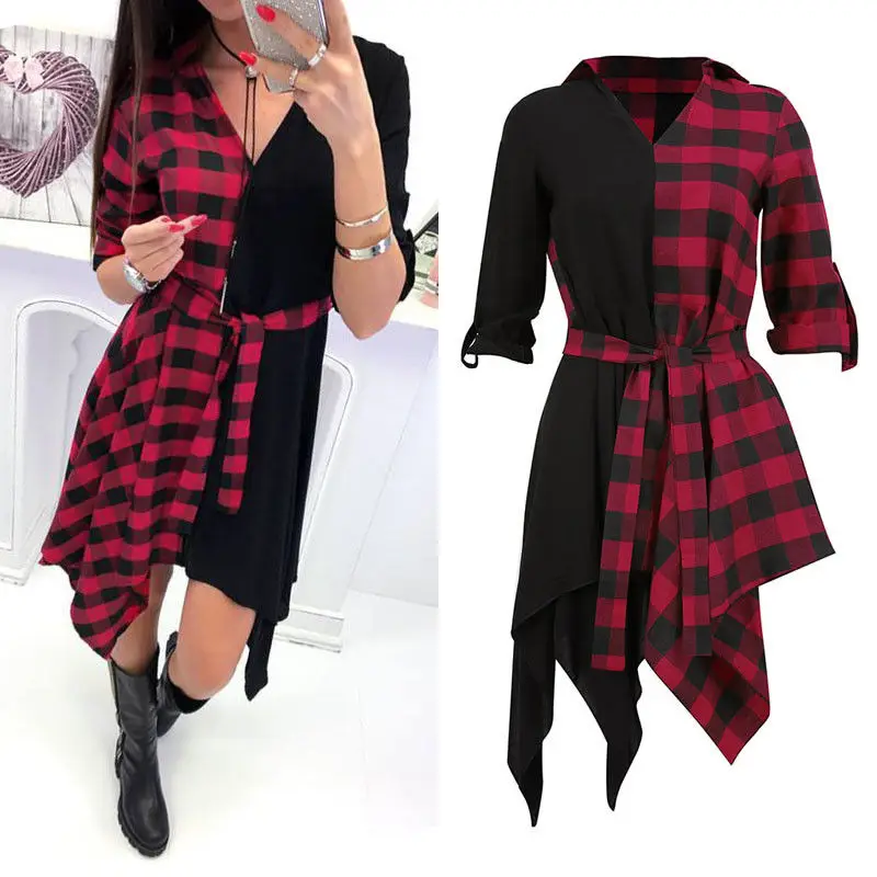 New Womens V-Neck Check Dress Long Sleeve Sashes Loose V Neck Plaid Tops Casual Sexy Mini Dress