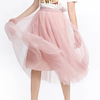 

2020 Summer Women's Solid Color Skirt Fashion Mesh Ball Gown Skirt Elegant Gril Tulle Skirts Sweet Beads Midi Skirt Saia Female