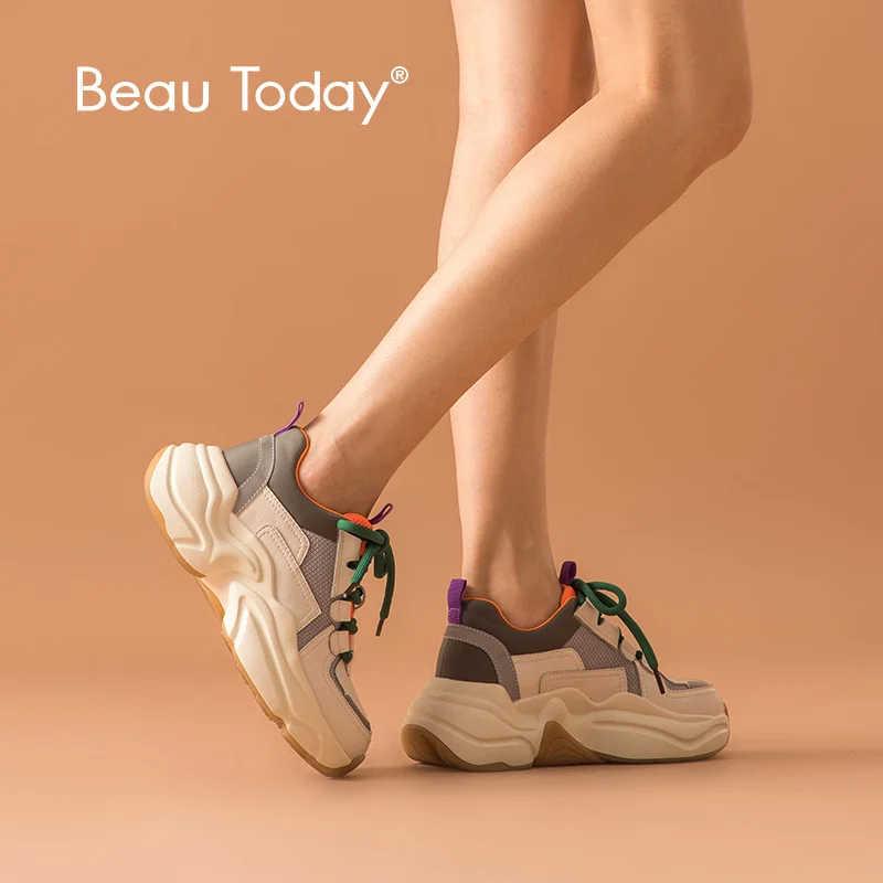 Женские кроссовки из натуральной бычьей кожи BeauToday бежевые или оранжевые