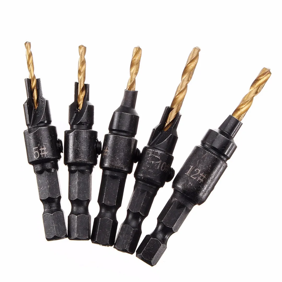 DWZ 5pcs 5~12mm HSS Woodworking Countersink Chamfer Drill Bit Screw Set & Wrench