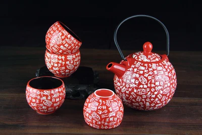 Керамический сливовый чайный набор, креативный красный чайный горшок, китайский стиль, свадебный подарок, чайная посуда с приданым, холодная бутылка для воды, кунг-фу, черный чайный набор - Цвет: D