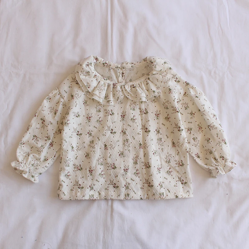 Korean Style Baby Girls Floral Printed Blouses Spring Toddlers Children Tops Ruffles Collar Long Sleeve Kids Shirts