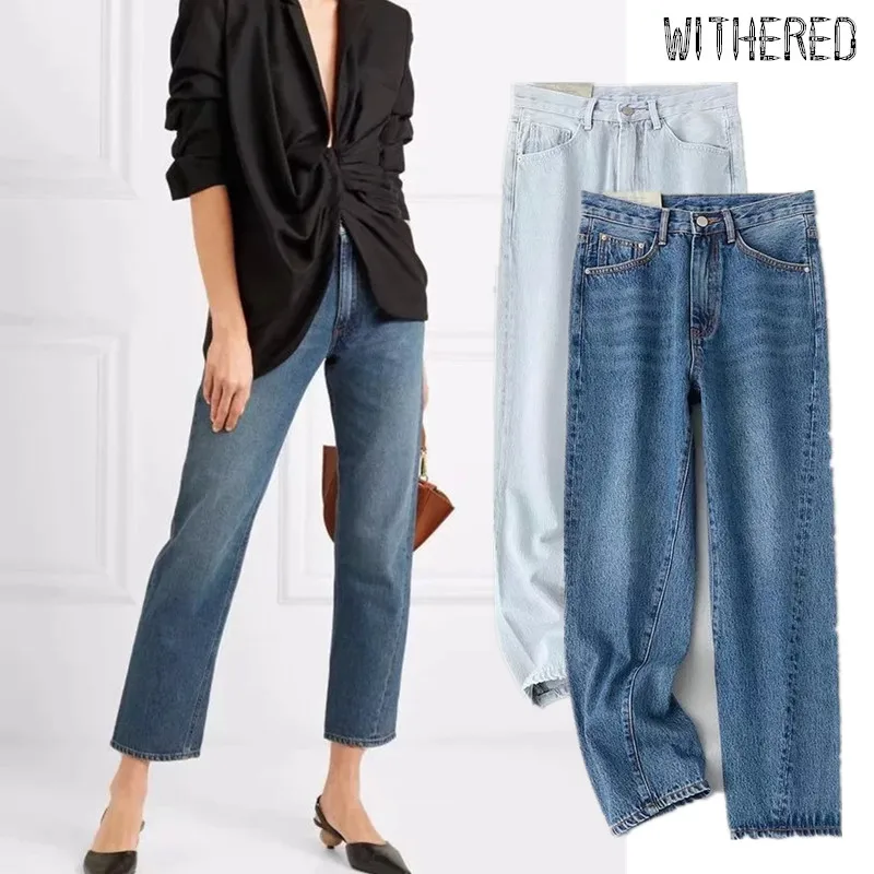 

Withered england vintage high street mom jeans woman high waist jeans straight Bevel design regular boyfriend jeans for women