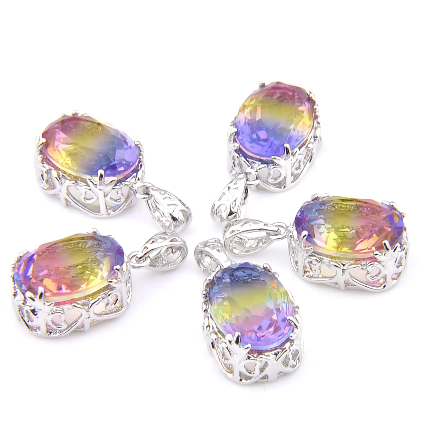 MIX 5 PCS Xmas Gifts Big Offer Oval Rainbow Bi-Colored Tourmaline Necklaces Pendants for Holiday Party Gifts