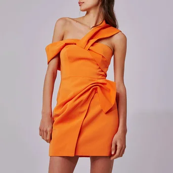 

BGW HT4115 Irregular Shoulder Mini Cocktail Dresses Three Colors Коктельное Платье До Колен Шелк 2020
