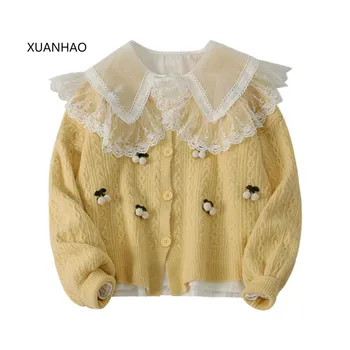 

Women's Sets Lace Ruffles Patchwork Sailor Collar White Blouses And V-Neck Appliques Knitted Sweaters 2020 Spring Two Piece