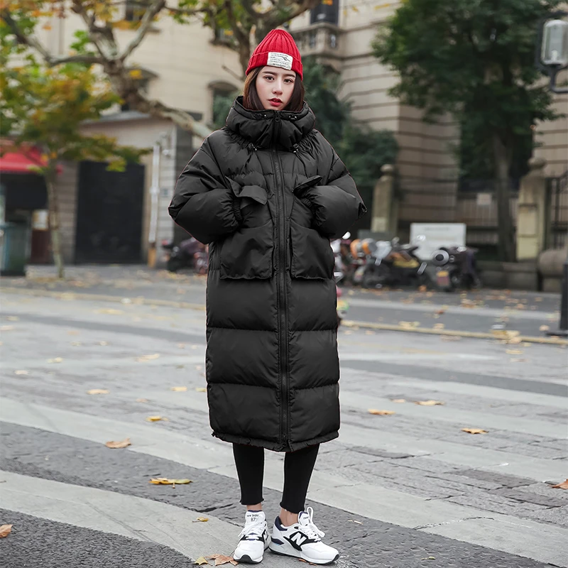 ZURICHOUSE Зимний пуховик женский модный стоячий воротник Harajuku стиль длинные парки женское свободное теплое Стеганое пальто