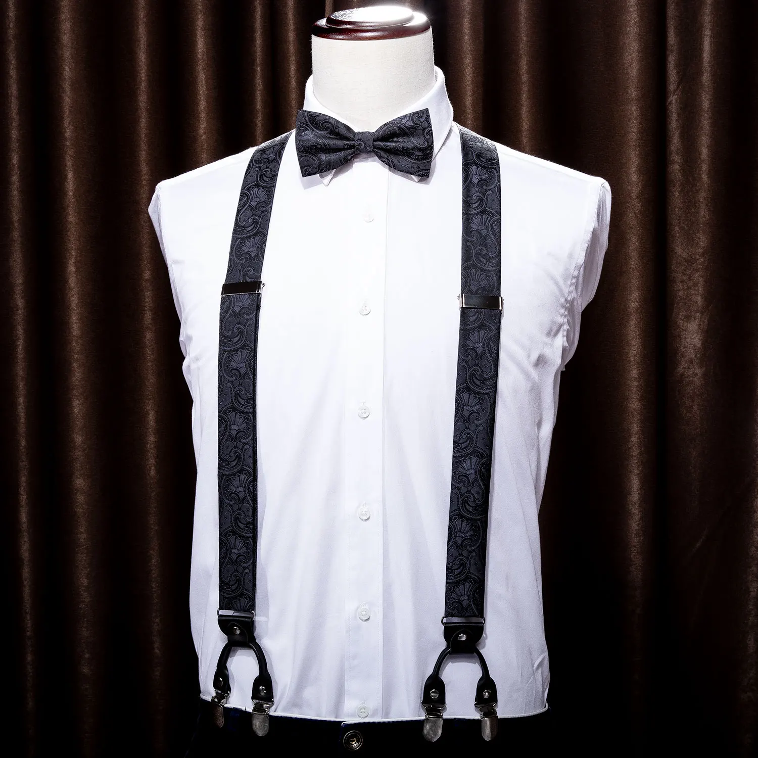 Черный Пейсли для мужчин подтяжки рубашка галстук-бабочка Hanky набор тканые y-обратно шелковые подтяжки без скольжения Серебряные Зажимы Барри. WangBB-2005