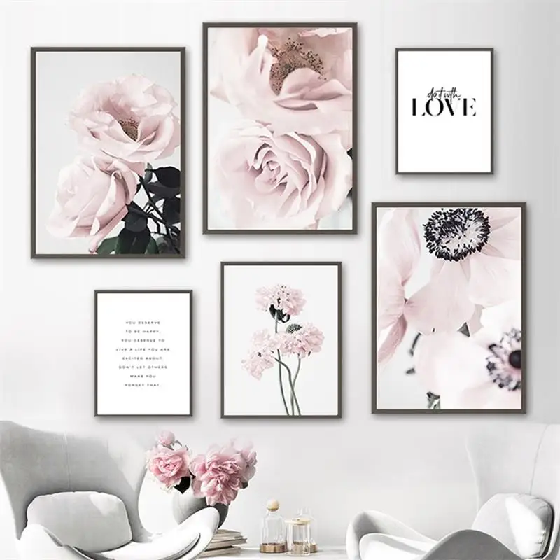 Escandinavo rosa rosa flor citação arte da parede da lona pintura nordic posters e cópias parede fotos para sala de estar decoração casa
