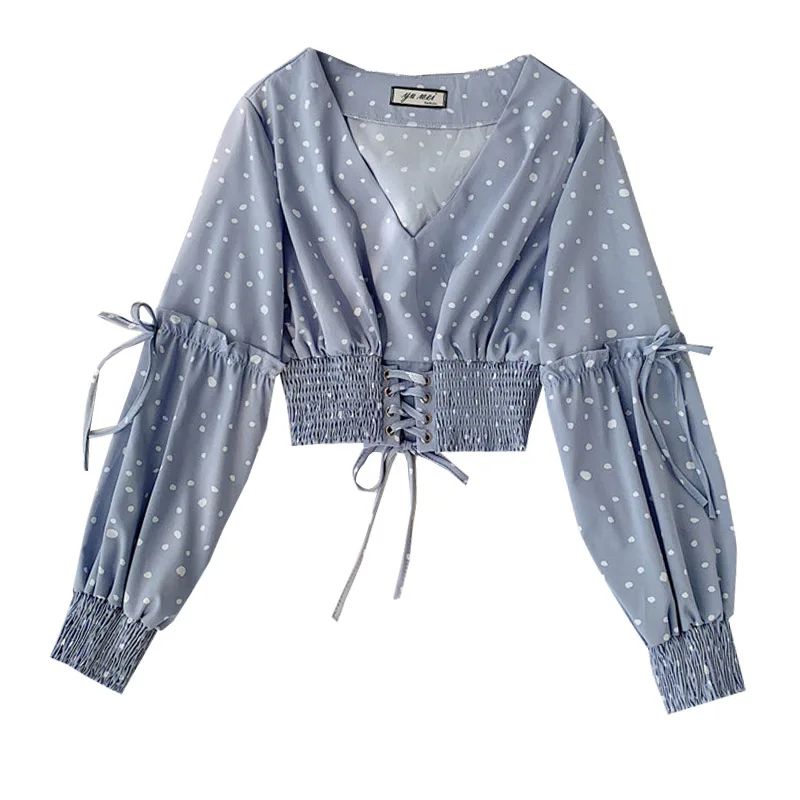 

Vintage Polka Dots Blouse and Top Women V Neck Drawstring Chiffon Spring Slim Wasit Short Tops Shirt Blusa Mujer Tunika Femme