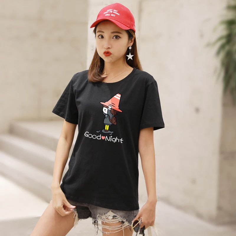Новинка, женская летняя футболка с коротким рукавом, хлопковые футболки Harajuku, футболка с принтом, топ, футболки, модная повседневная черная футболка - Цвет: Color38