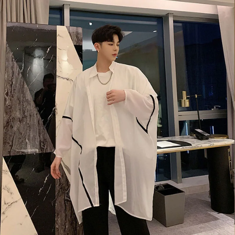 

Men Oversize Loose Bat Long Sleeve Casual Cardigan Long Shirts Male Streetwear Hip Hop White Shirt Translucent Sunscreen Coat