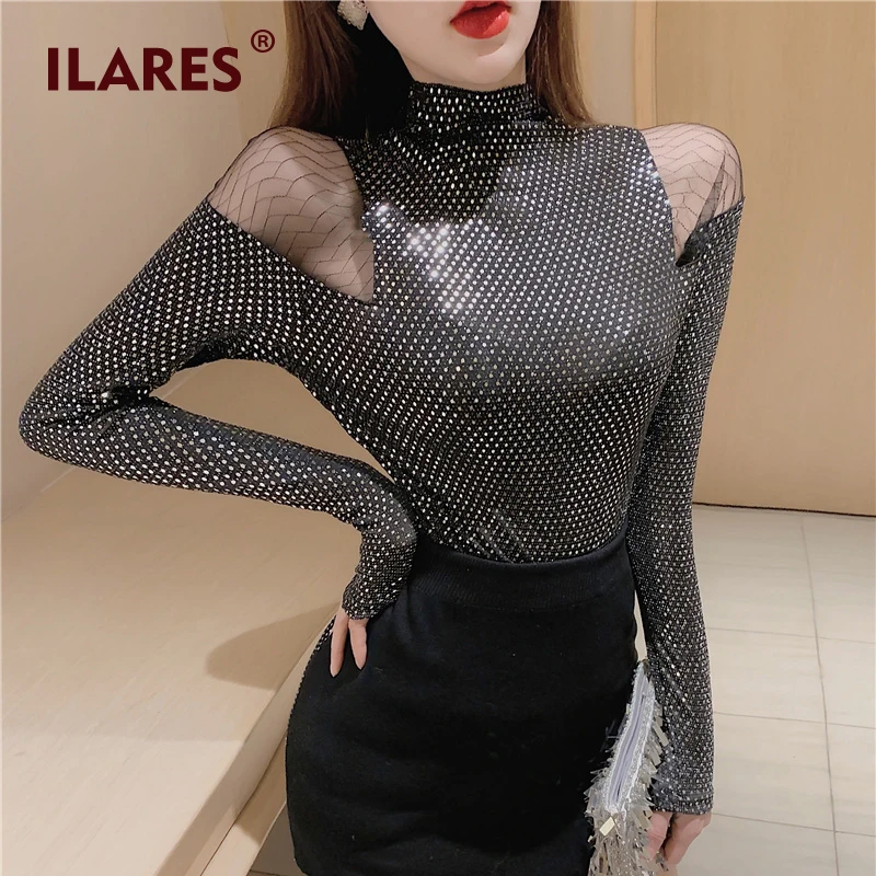 ILARES, женская футболка, прошитая, темпераментная, блестящая, высокий воротник, стрейч, нижняя, Сексуальная кружевная рубашка, с открытыми плечами, Женский Топ