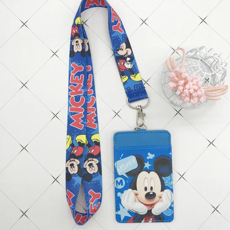 Disney Stitch monedero PU titular de la tarjeta clave cordón Tarjeta de comida estuche para tarjeta de autobús bolsa Mickey mouse documento bolso de la tarjeta