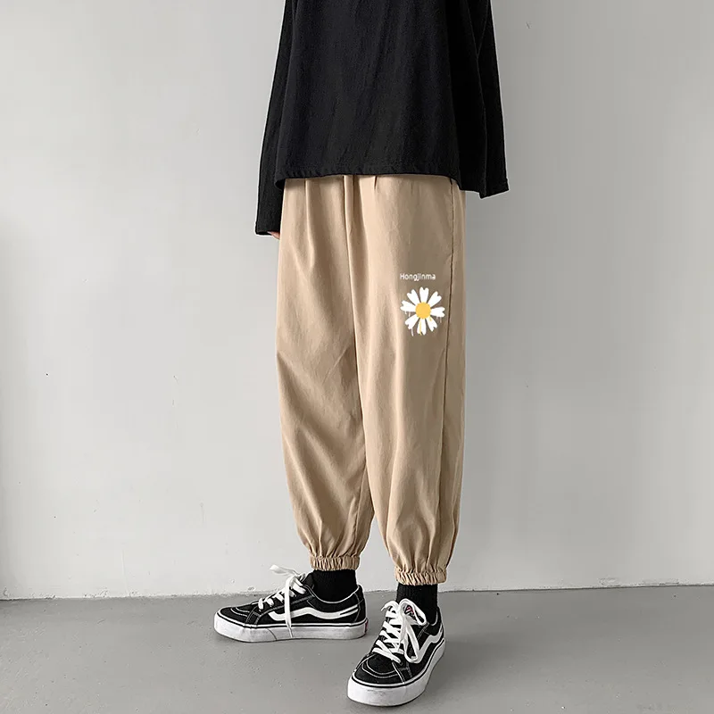 

M-3XL Khaki Gray Black Autumn Cropped Trousers Chrysanthemum Print Trousers Versatile Trousers Youth Casual Cropped Trousers