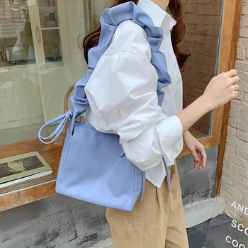 

Thick Shoulder Strap Drawstring Soft Leather Large Capacity Pleated Bag Women 2020 New Shoulder Messenger Bags Women Handbags